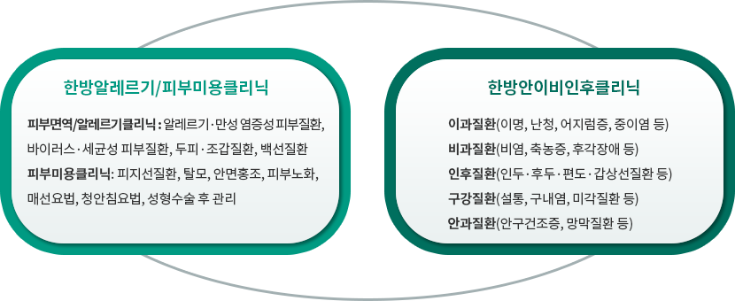 [한방알레르기/피부미용클리닉] 피부면역/알레르기클리닉 : 알레르기·만성 염증성 피부질환, 바이러스·세균성 피부질환, 두피·조갑질환, 백선질환. 피부미용클리닉:피지선질환, 탈모, 안면홍조, 피부노화, 매선요법, 청안침요법, 성형수술 후 관리 [한방안이비인후클리닉] 이과질환(이명, 난청, 어지럼증, 중이염 등), 비과질환(비염, 축농증, 후각장애 등), 인후질환(인두·후두·편도·갑상선질환 등), 구강질환(설통, 구내염, 미각질환 등), 안과질환(안구건조증, 망막질환 등)